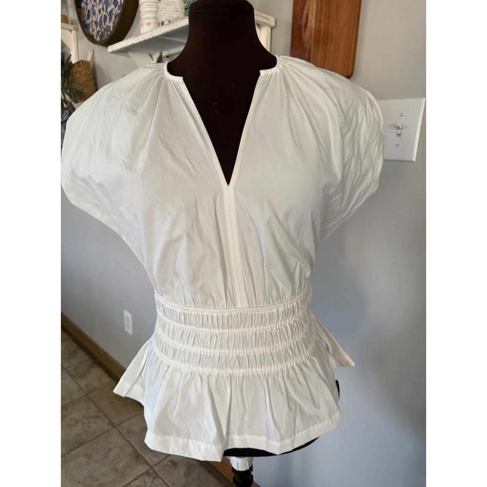Brochu Walker White Smocked Waist Peplum Top V-Neck shirt XS classic old money